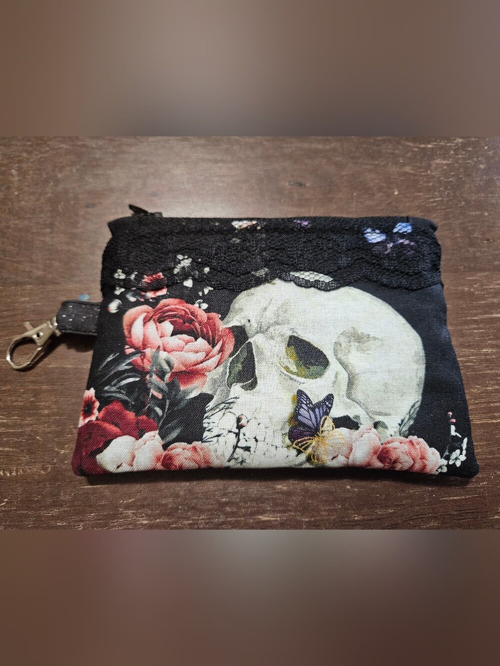 Floral Lace Skull Coin Purse - Black and Pink HANDMADE